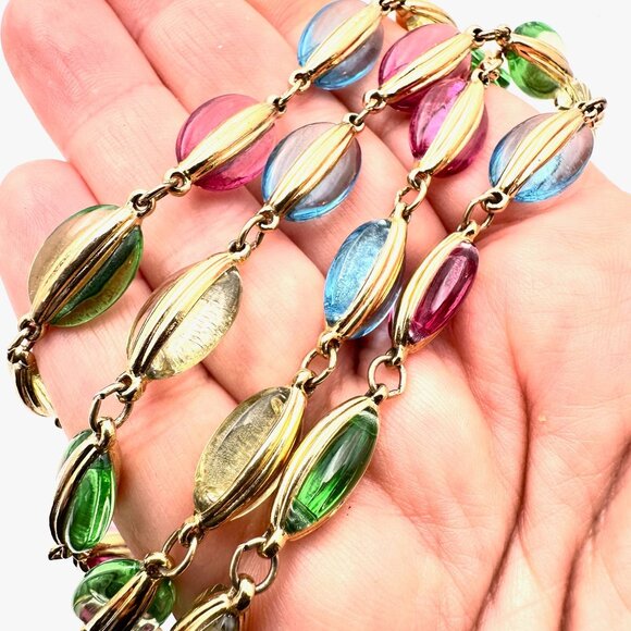 Swarovski Multicolor Crystal Necklace Gold Tone Swan Signed 22 Inch Pastel - Picture 2 of 4